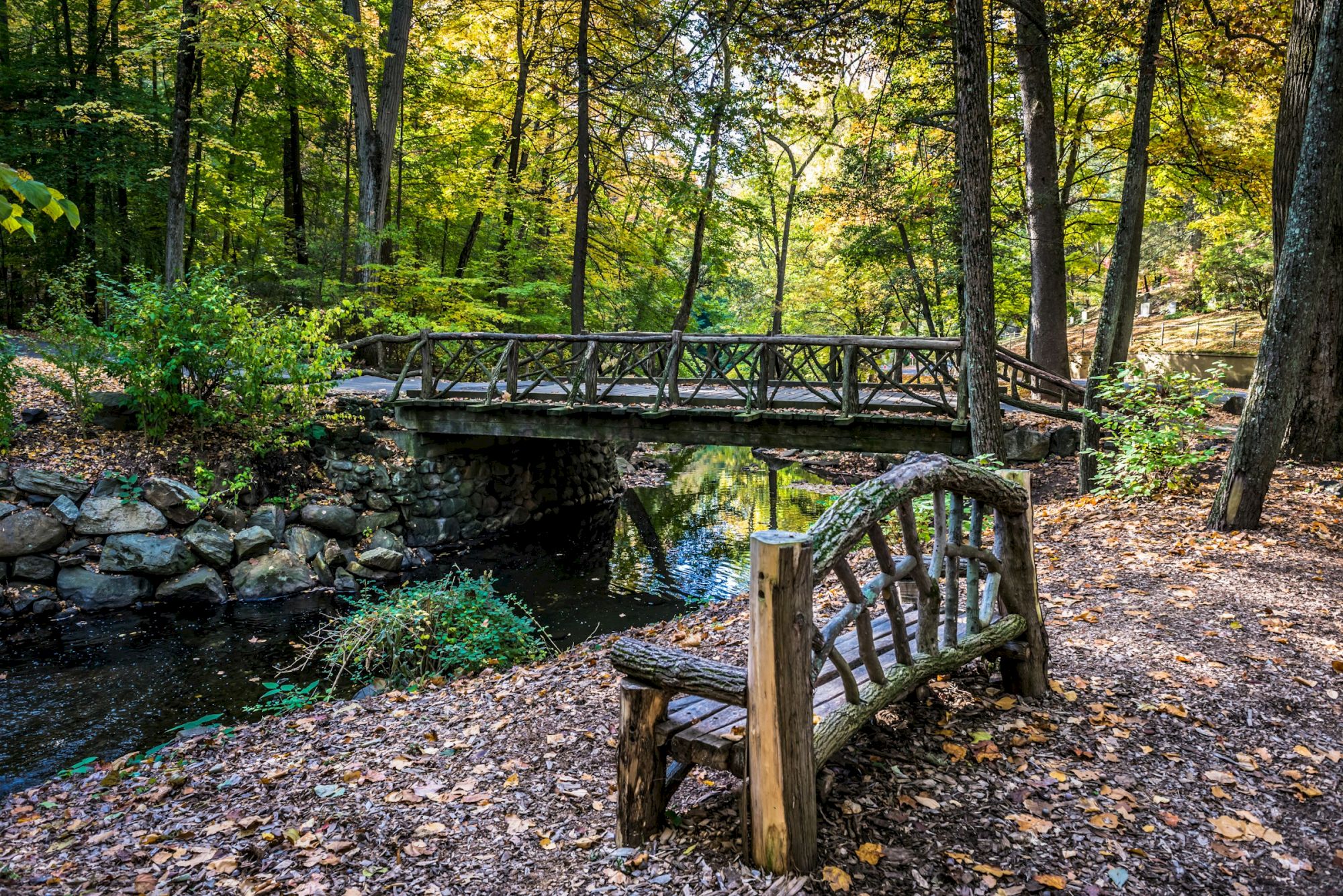 A rustic wooden bench beside a small stream, with a curved bridge in a forest of autumn leaves and tall trees.